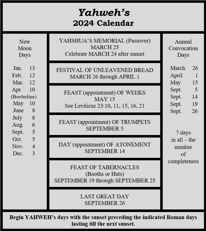 2024 Calendar Assembly of Yahweh Eaton Rapids, MI